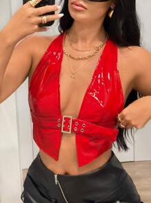 SHEIN ICON 女式夏季时尚 PU 皮革细节短款露背背心 Y2K 新年派对红色短款 V 领性感上衣 - 紅色 - 查看 4