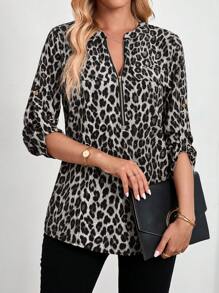 EMERY ROSE Blusa con estampado de leopardo y botones para mujer, ropa de otoño/invierno con estampado animal - Negro - Ver 6