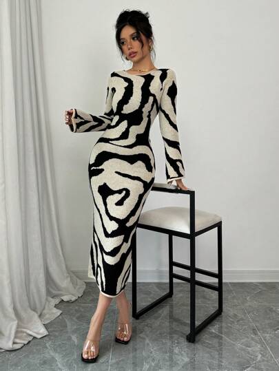 Selianne Dammönster med utsvängda ärmar stickad tröja klänning