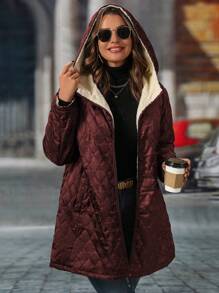 SHEIN LUNE Plus Size Zip Front Quilted Chuck On Liner Long Sleeve Minimalist Hooded Borg Fleece Mid Length Jacket For Winter Clothes Casual Daily Wear For New Year Clothes - Red - View 3