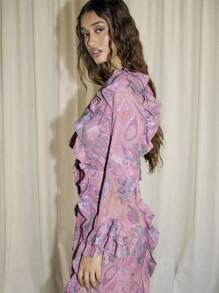 AiiRZ Boho Paisley Print V-Neck Ruffle Detail Long Bell Sleeve Maxi Dress - Multicolor - View 3