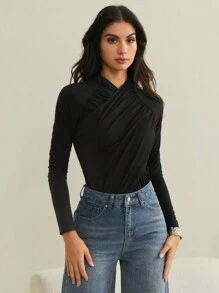 SHEIN Essnce Autumn Women's Solid Color Black Turtleneck Bodysuit Bust Waist Pleated Slim Slim Long-Sleeved Women's Bodysuit