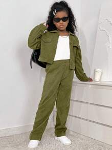 SHEIN 2pcs Tween Girl Casual Vintage College Style Corduroy Jacket & Skirt Set