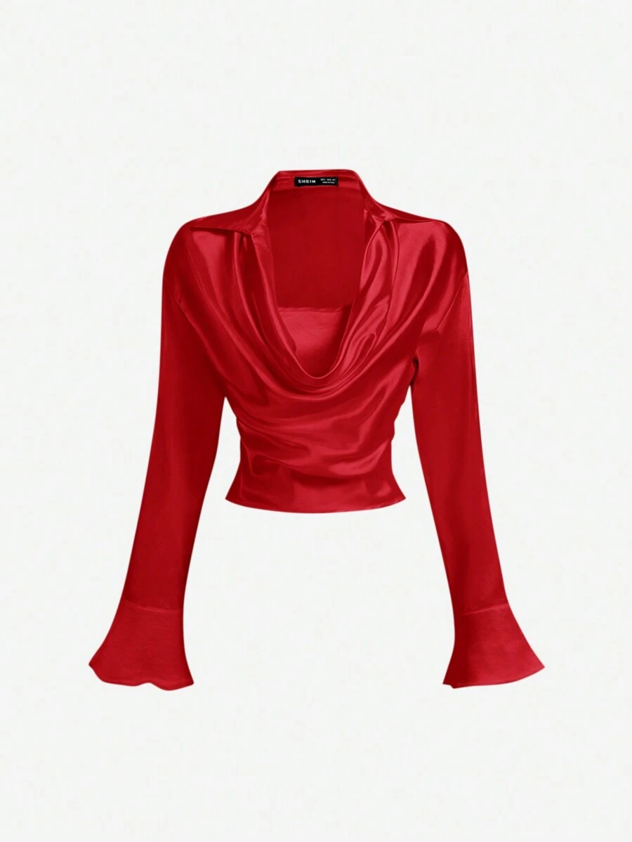 SHEIN MOD 垂坠领缎面喇叭袖衬衫，复古，派对，正式上衣，秋季女士服装，僵尸新娘，万圣节，晚宴，秋季服装，女士生日，返校节上衣，职业女性衬衫，仙女核心，俱乐部上衣