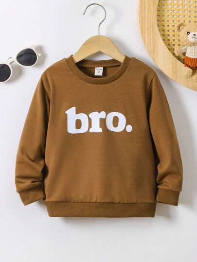 SHEIN Explorewe Young Boy Everyday Versatile Brother Letter Print Crew Neck All-Match Long Sleeve Sweatshirt, Suitable For Autumn/Winter