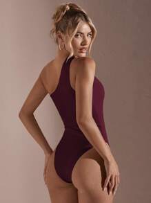 SHEIN BAE Bộ đồ liền thân cổ không đối xứng đơn giản hàng ngày màu trơn dành cho nữ Bộ đồ liền thân dành cho nữ - Màu Đỏ Sâu - Xem 6