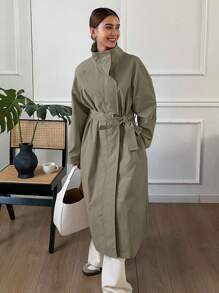 DAZY 纯色宽松长袖系带口袋纽扣女式长款风衣外套，秋季女装 - 綠色 - 查看 5