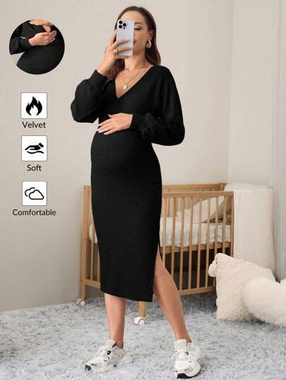 MaterniWear 孕妇纯色长袖开衩针织哺乳连衣裙，适合秋冬季，适合孕妇和老师