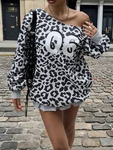 Muchica Áo nỉ cổ tròn họa tiết da báo đơn giản dành cho nữ, phù hợp cho mùa thu - Nhiều màu - Xem 5