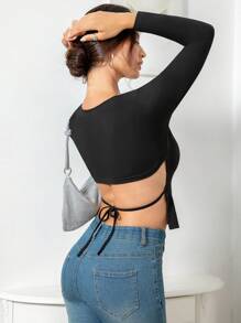INAWLY Áo thun nữ tay dài cổ tròn thanh lịch & nhẹ nhàng hở lưng & dây buộc, áo mùa thu - màu đen - Xem 4