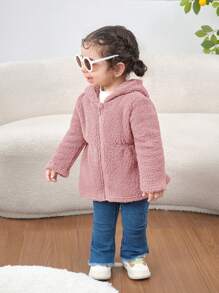 SHEIN 女婴长袖连帽夹克，保暖内衬，适合户外、派对、玩耍、秋冬季 - 粉色 - 查看 4