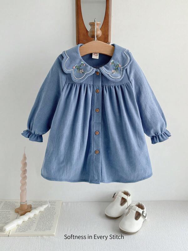 Cozy Pixies 女婴花卉印花荷叶边领长袖束腰连衣裙