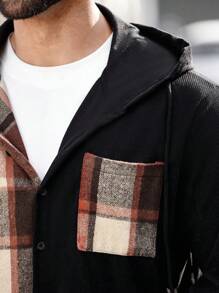 Manfinity Homme Men's Plus Size Casual Contrast Plaid Front Button Hooded Corduroy Panel Shacket, Autumn Fall Clothes - Multicolor - View 6