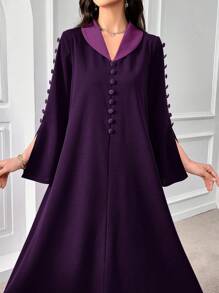 Al Najma Vestido de manga larga holgado y modesto con botones decorativos de color contrastante para mujer en otoño - Morado - Ver 8