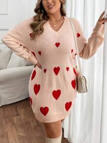 EMERY ROSE Vestido de suéter de manga larga con escote en V y estampado de corazón, adecuado para primavera y otoño, tallas grandes