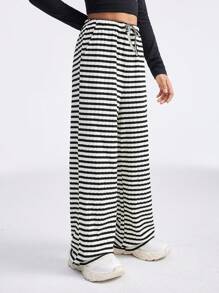 SHEIN Tween Girls Fall/Winter Drawstring Waist Striped Wide Leg Loose Casual Pants - Black and White - View 4