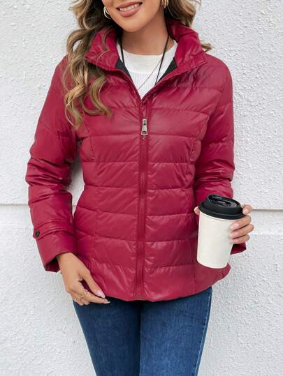 EMERY ROSE Veste longue minimaliste en duvet et plumes à fermeture éclair frontale unie et manches longues, décontractée