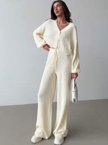 Aloruh Completo di tuta da casa composto da cardigan caldo e pantaloni, adatto per autunno/inverno, versatile per uso interno ed esterno. - Bianco - Visualizzare 7