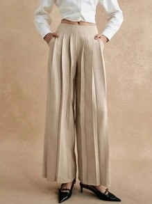 Poéselle Women's Solid Color Pleated Pocket Minimalist Office Pants, Casual Wear
