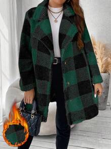 Flirla 大码平领长袖前扣格子休闲蓬松外套，冬季 - 墨綠色 - 查看 1
