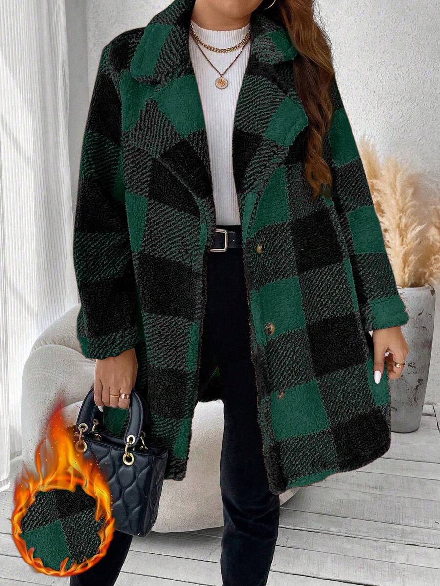 Flirla 大码平领长袖前扣格子休闲蓬松外套，冬季 - 墨綠色 - 查看 1