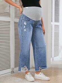 SHEIN Maternity Fashionable & Versatile Washed Ripped Wide Leg Jeans - Medium Wash - View 6