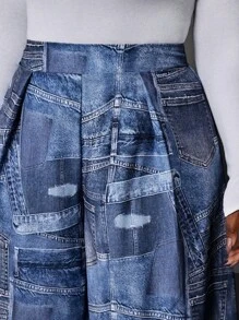 Maweii 大码纯色全印花休闲宽松裤 - 藍色 - 查看 6