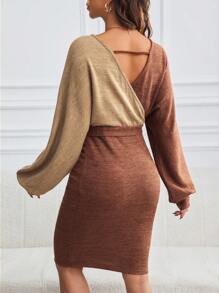 SHEIN Maternity Fashion Color Block Tie Lantern Sleeve Jurk