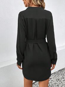 SHEIN LUNE 女士休闲纯色 V 领系带迷你连衣裙，春秋装 - 黑色 - 查看 2