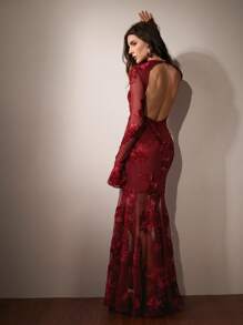 Anewsta Red Festive Elegant Romantic Delicate Soft 3D Floral Embroidery Backless Mermaid Fitted New Year Valentine's Day Dress For Women - Red - View 2