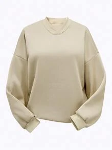 SHEIN 青少年女孩秋冬季休闲纯色圆领运动衫 - 杏色 - 查看 1