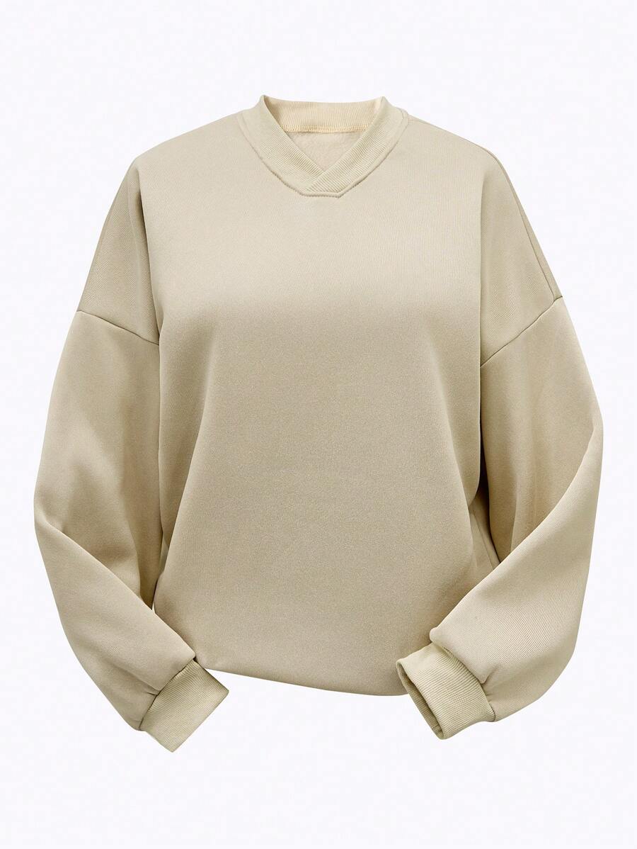 SHEIN 青少年女孩秋冬季休闲纯色圆领运动衫 - 杏色 - 查看 1