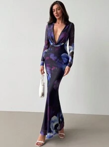 Aloruh Đầm bodycon lưới in hoa dự tiệc/đi chơi cổ chữ V sâu tay dài cho nữ - Nhiều màu - Xem 2