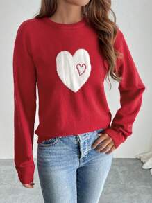 SHEIN Privé Áo len cổ tròn dáng rộng hình trái tim màu đỏ dành cho nữ - Đỏ - Xem 5