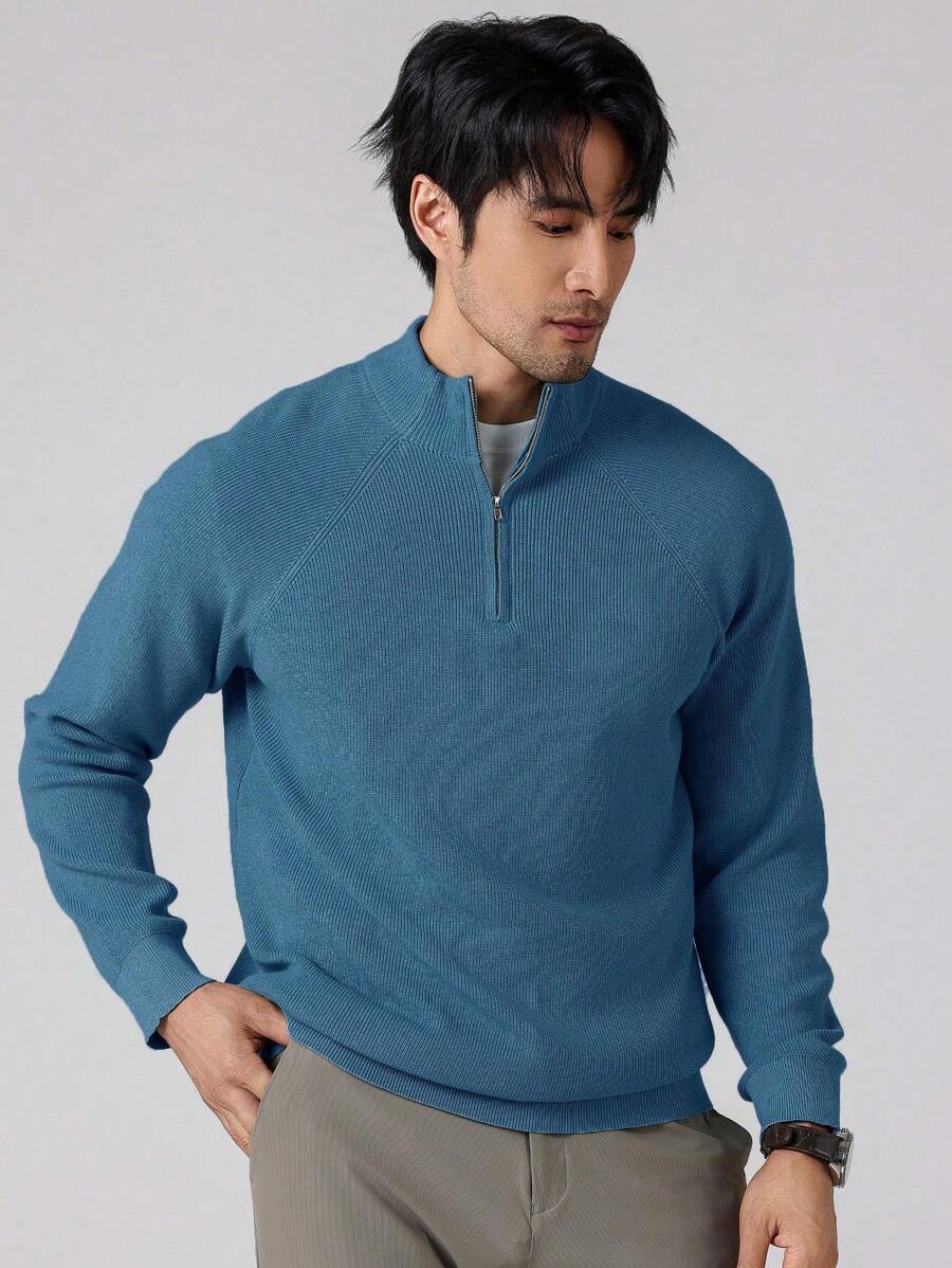 Manfinity Homme 1pc Men Plain Front Zipper Long Sleeve Minimalist Sweater, Casual Everyday Wear, For Fall Winter - Blue - View 1