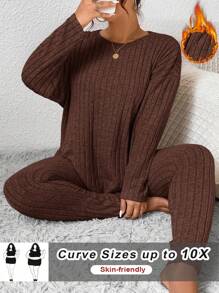 SHEIN CURVE+ 2 件套女士加大码纯色纹理面料休闲风格圆领长袖 T 恤和紧身裤，秋季服装 - 摩卡棕 - 查看 1