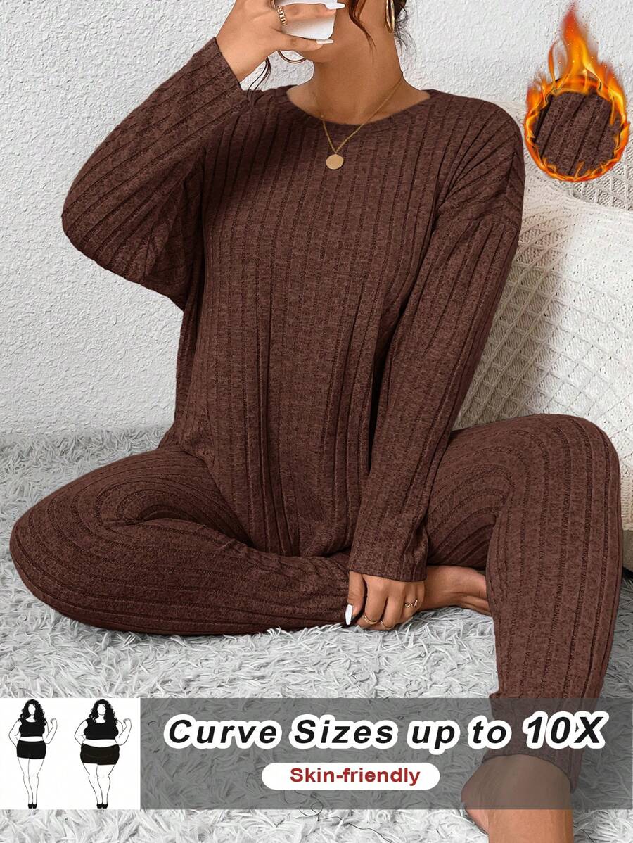 SHEIN CURVE+ 2 件套女士加大码纯色纹理面料休闲风格圆领长袖 T 恤和紧身裤，秋季服装 - 摩卡棕 - 查看 1