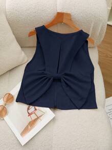 Franclia Áo thun nữ cổ tròn không tay màu trơn trang trí nơ đơn giản thường ngày - Màu xanh hải quân - Xem 1