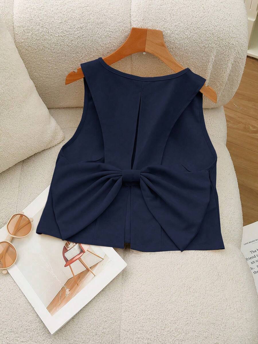 Franclia Áo thun nữ cổ tròn không tay màu trơn trang trí nơ đơn giản thường ngày - Màu xanh hải quân - Xem 1