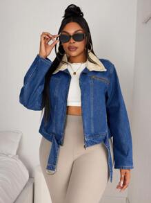 SHEIN SXY Plus Size Casual Open Front Zip-Up Christmas Women Thanksgiving Women Denim Jacket - Blue - View 4