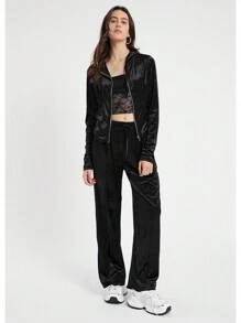 SHEIN EZwear 女士拉链门襟抽绳连帽上衣和裤子套装 - 黑色 - 查看 6