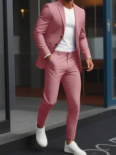 Manfinity Mode Men's Solid Color Front Button Flat Collar Long Sleeve Minimalist Shirt & Pants Casual Suit Set