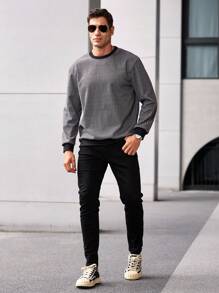 Manfinity Homme Contrast Stripe Ribbed Texture Casual Long Sleeve Sweatshirt - Black and White - View 3