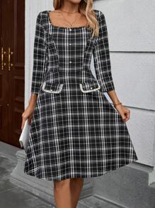 EMERY ROSE 女式前扣长袖口袋休闲迷你连衣裙 - 黑與白 - 查看 7