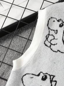 Manfinity VCAY Unisex Jacquard V-Neck Knit Vest With Dinosaur Pattern, For Fall Winter