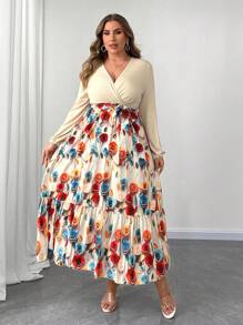 Flirla Plus Size Cross V-Neck Puff Sleeve Knitted Patchwork Print Dress - Multicolor - View 7