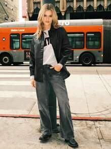 Muchica Abrigo PU con botón de hombros caídos