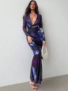 Aloruh Đầm bodycon lưới in hoa dự tiệc/đi chơi cổ chữ V sâu tay dài cho nữ - Nhiều màu - Xem 3