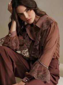 Anewsta 女士长袖蕾丝边刺绣珠饰美人鱼雪纺衬衫女式衬衫 - 棕色 - 查看 4