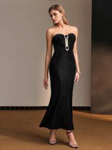 MOTF PREMIUM GLITTER RHINESTONE BUCKLE MESH INSERT MERMAID HEM TUBE DRESS - Black - View 8